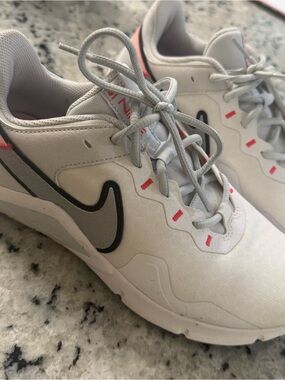 Nike White with Light Gray Athletic Sneakers with Pink/Gray/Black Swoosh